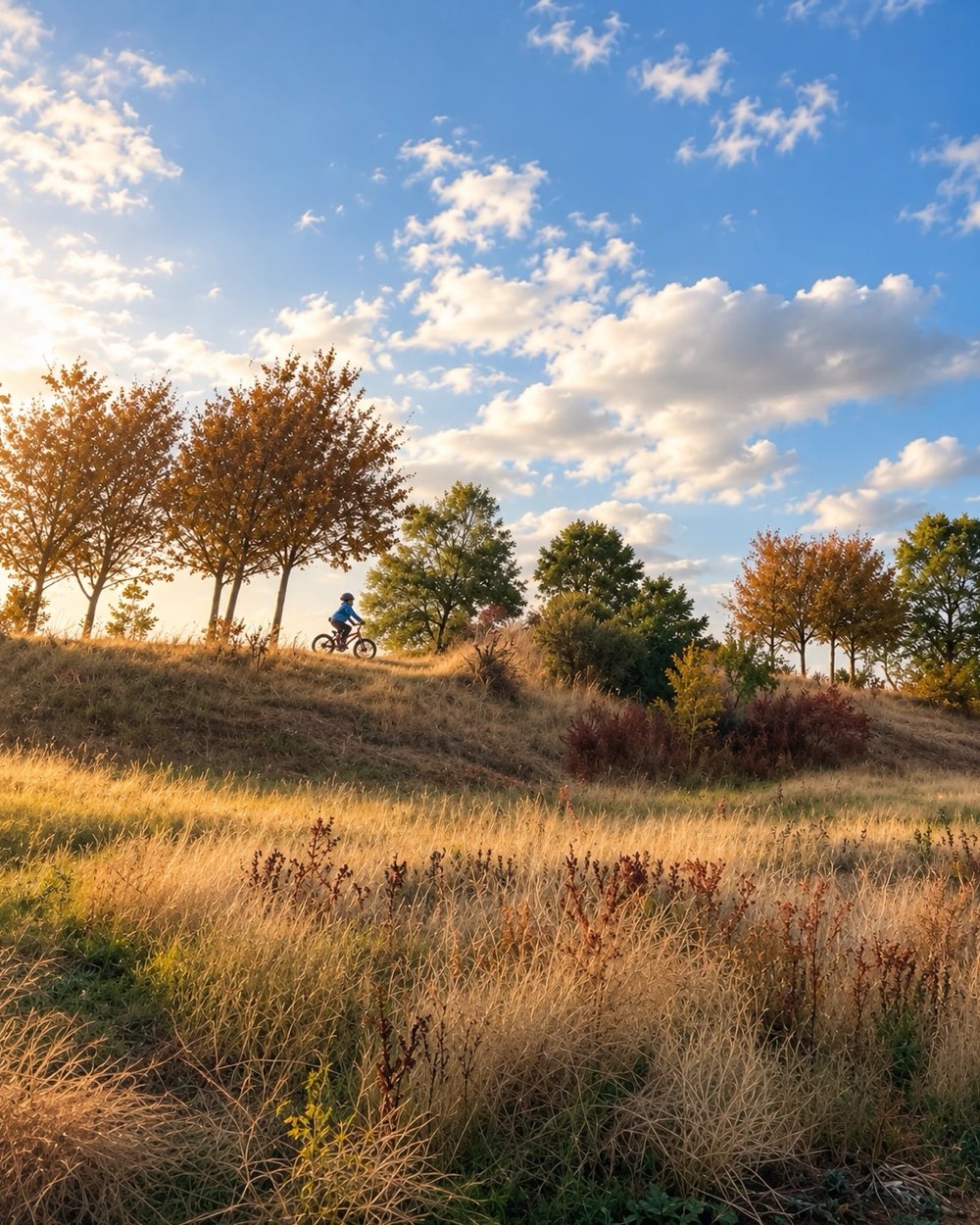 A small boy in a blue jacket cycling along the top of a grassy hill in a park, with autumn trees and a bright, cloudy sky behind him.